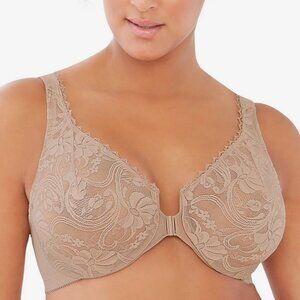 Glamorise Front-Closure Stretch Lace WonderWire Bra in Cafe Nude, 46F